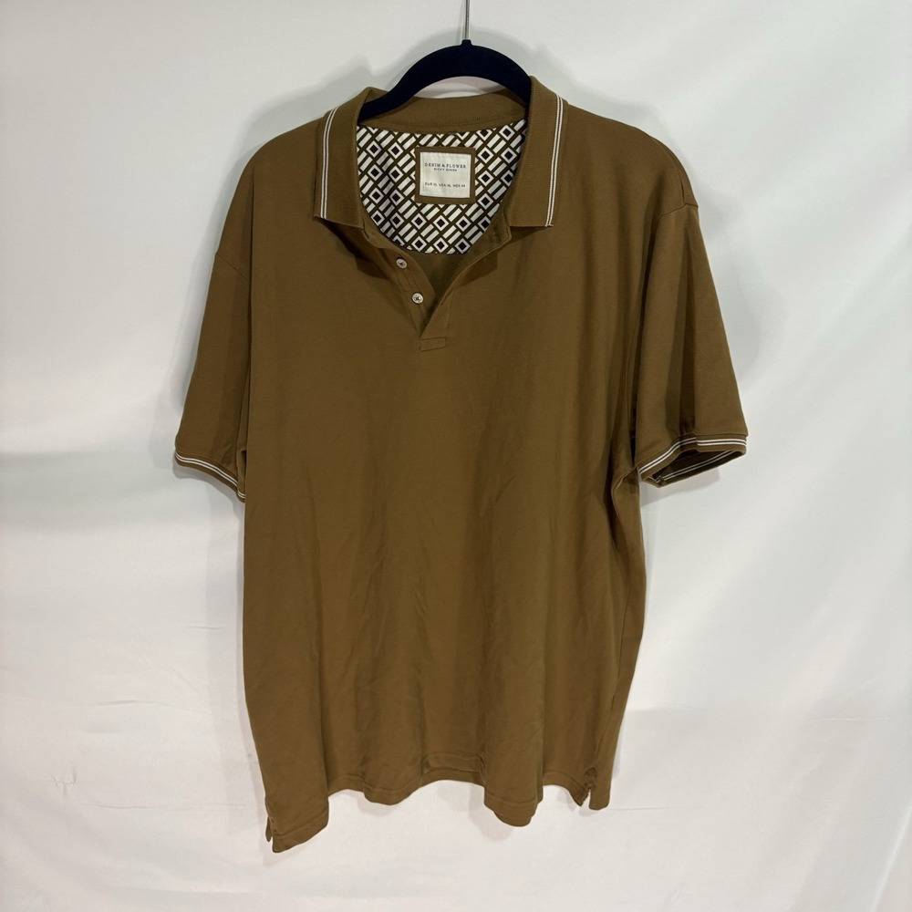 Denim and Flower Mens Brown Short Sleeve Pique Polo Shirt XL Regular Fit Solid